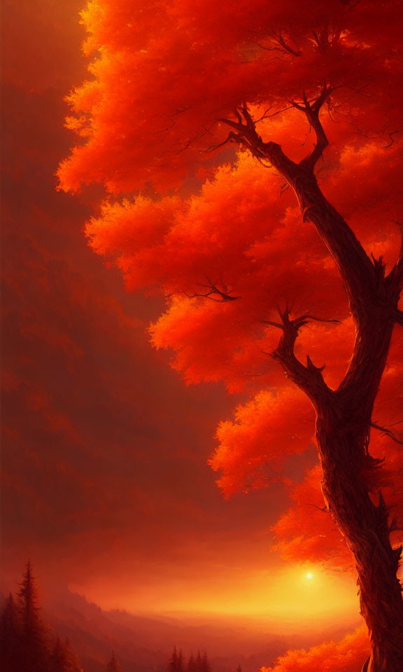 Digital artwork of a sunset forest with red foliage