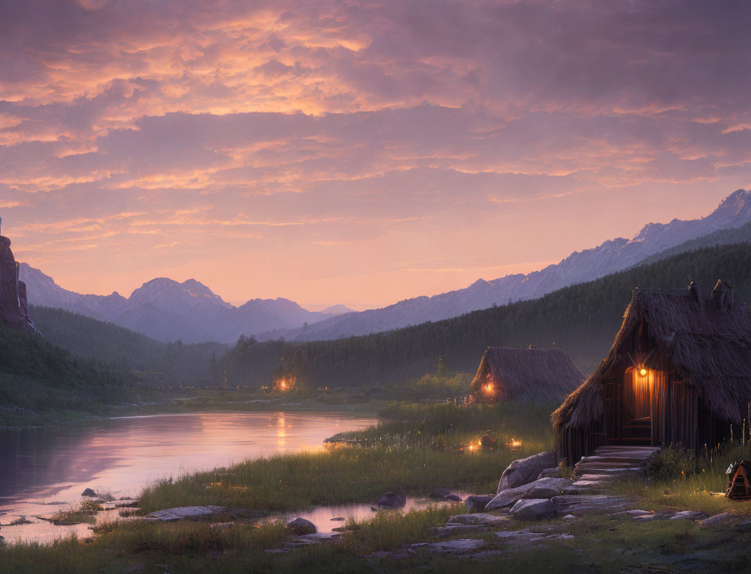 Serene village at twilight with thatched huts, river, mountains, purple and orange sky