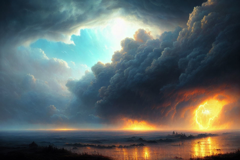 Stormy Seascape with Break in Sky and Lightning at Sunset