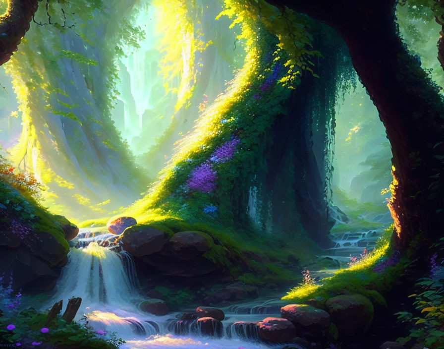 Enchanting forest scene with sunlight, waterfall, stream, and vibrant flora