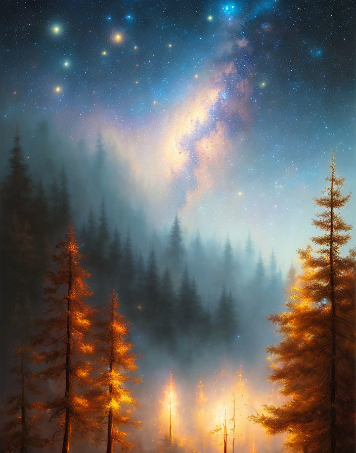 Starry night sky over mystical forest with pine trees