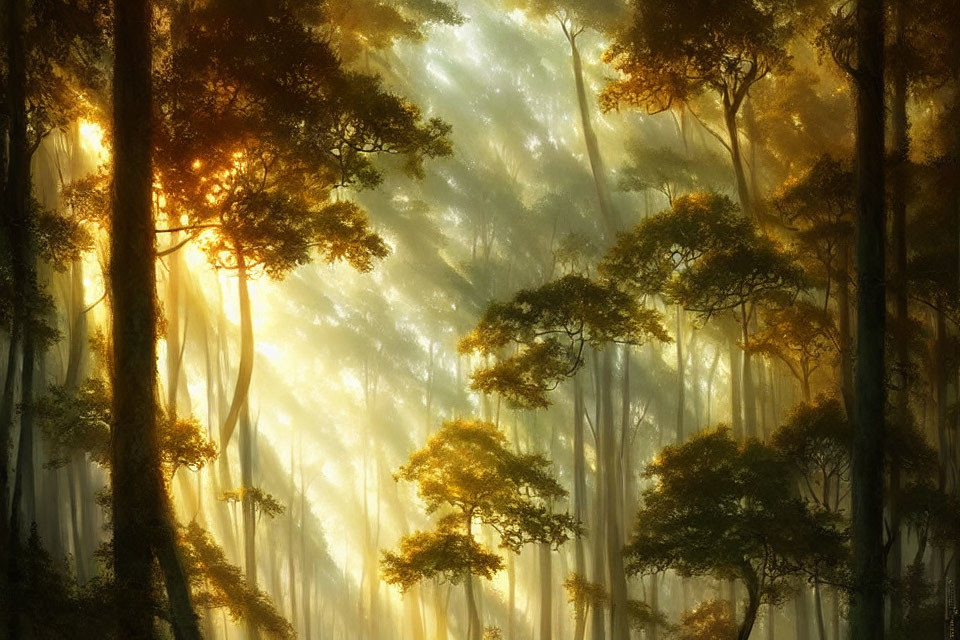 Misty forest illuminated by sunlight filtering through, creating warm atmosphere