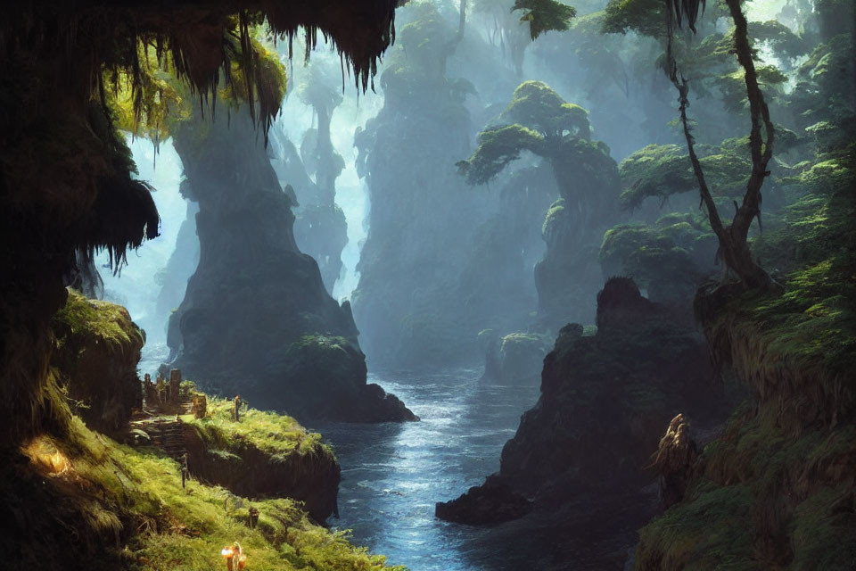 Mystical river in lush canyon with towering rocks and foliage