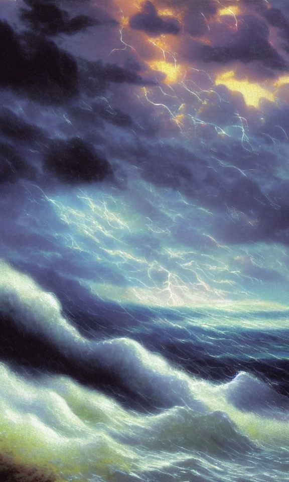 Stormy Sea Under Tempestuous Sky with Lightning Bolts and Sunset Glimmer