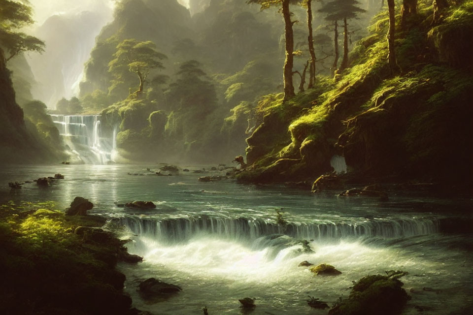 Tranquil forest scene with cascading waterfalls and lush greenery