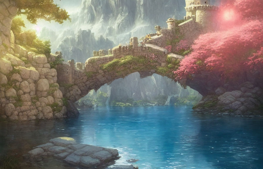 Fantasy landscape with stone bridge, river, greenery, and castle