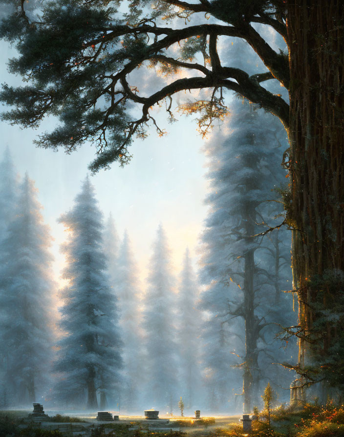 Misty forest scene with picnic tables under large tree