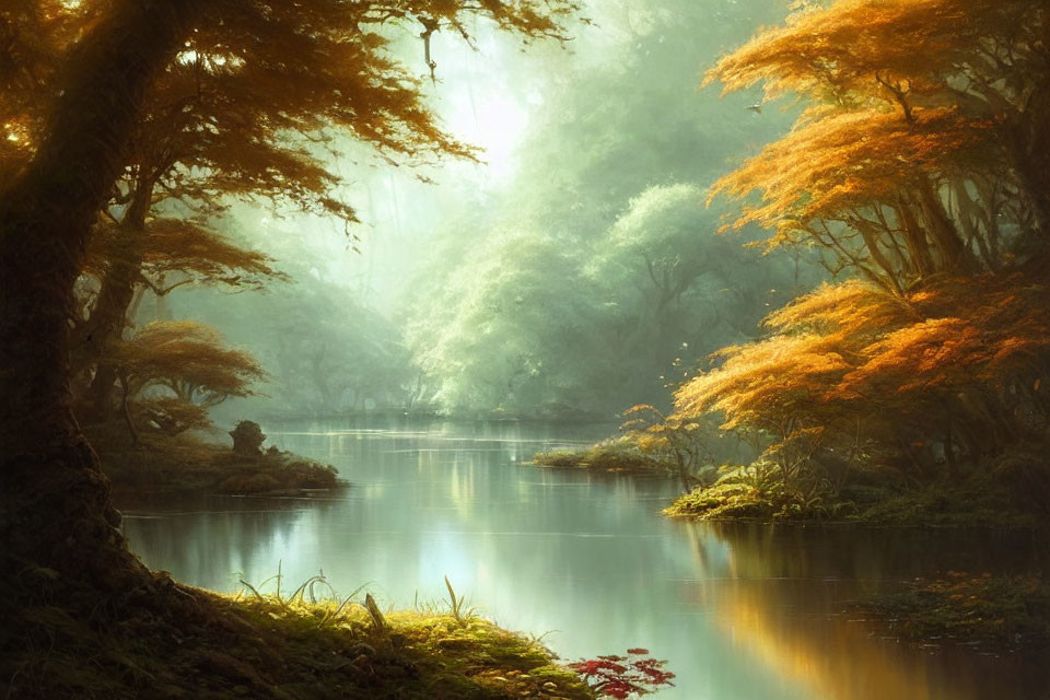 Tranquil woodland pond with sunbeams and orange trees