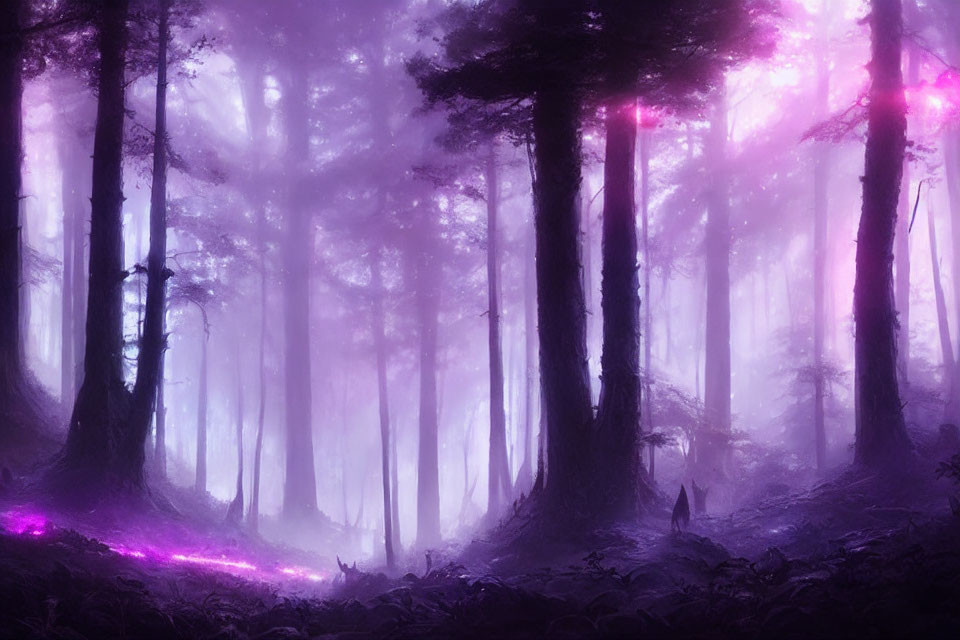 Enchanting purple-lit forest with fog, towering trees, and pink highlights