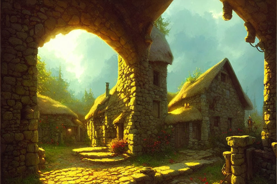 Tranquil fantasy village with stone cottages and blooming flowers