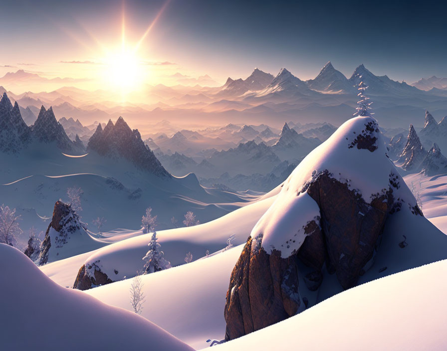 Snowy Mountain Landscape at Sunrise or Sunset in Clear Skies