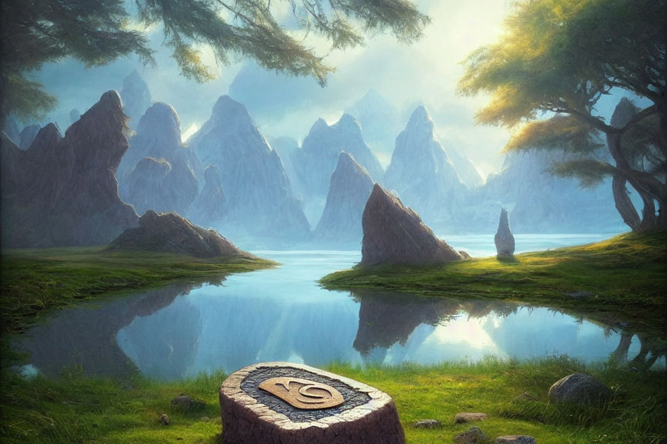 Misty mountain landscape with serene lake and mystical stone