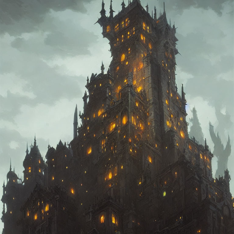 Eerie Gothic castle under gloomy sky with glowing windows