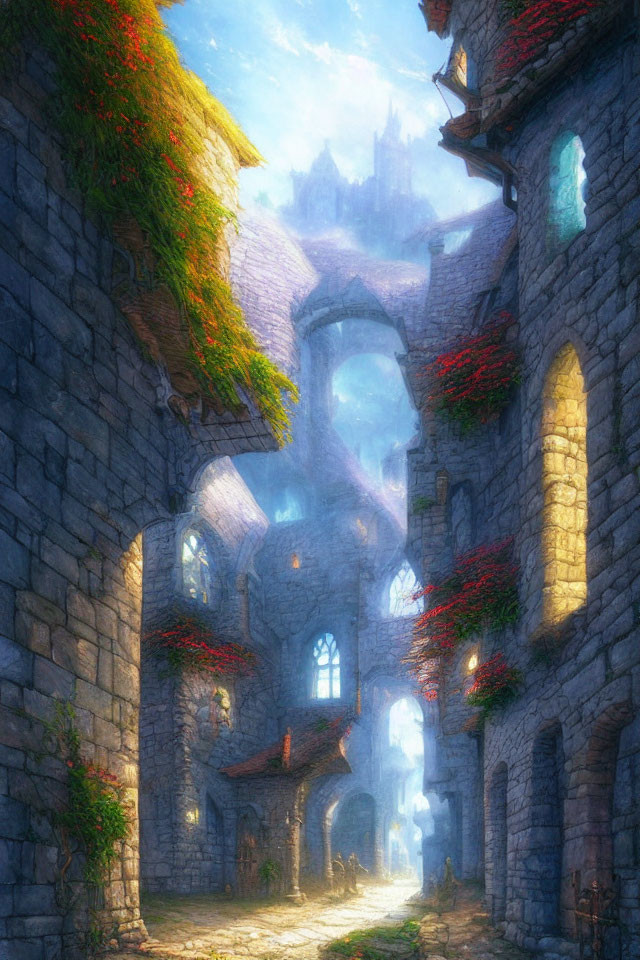 Medieval alley with stone buildings, ivy, and warm light filtering down.