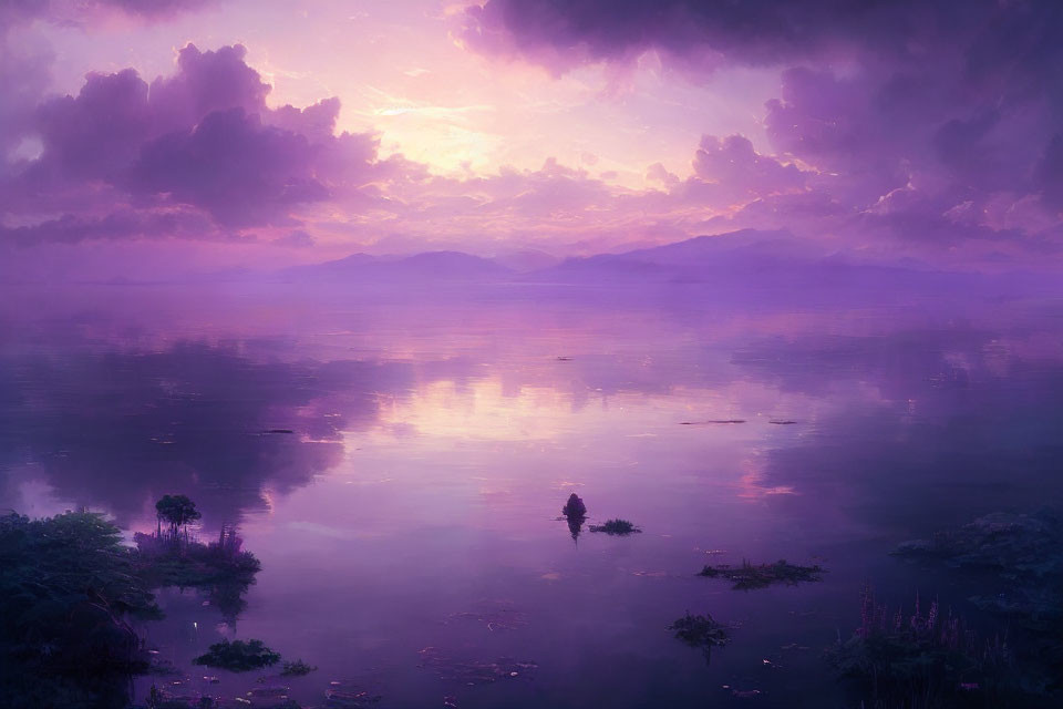 Tranquil lakescape at dusk: purple hues, reflecting clouds, mountain range, solitary boat.