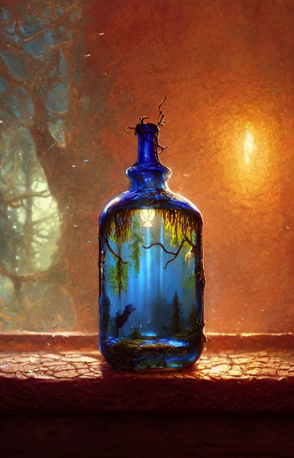 Blue Glass Bottle with Painted Forest Scene and Warm Illumination