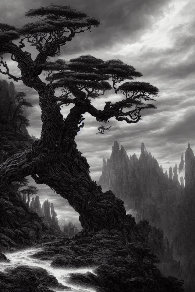 Ancient twisted tree overlooking misty landscape with rock formations