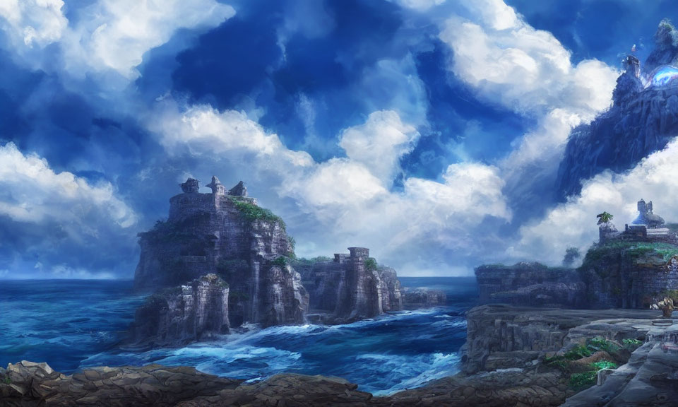 Majestic seascape with towering cliffs and ancient ruins under dramatic sky