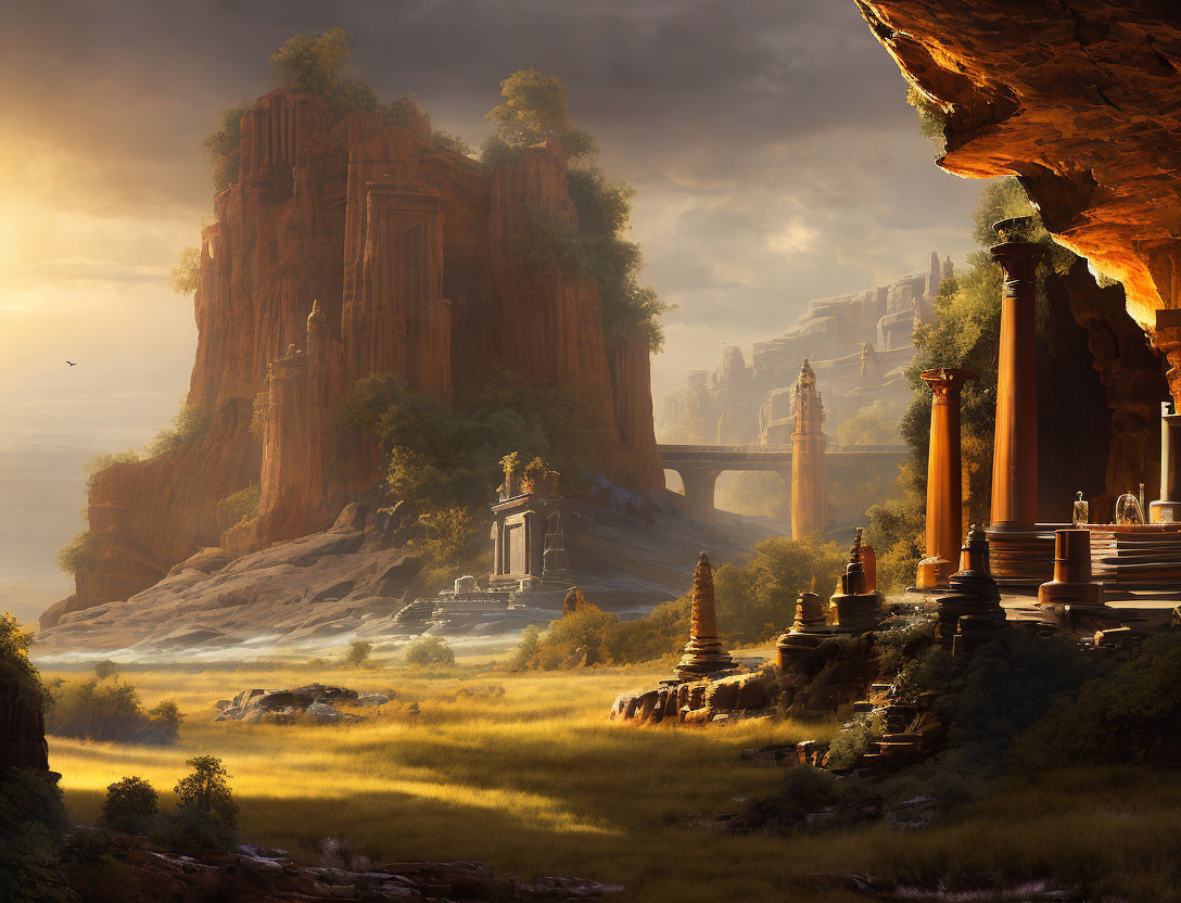 Mystical landscape featuring red cliffs, ancient bridge, sunlit grasslands, distant waterfalls,