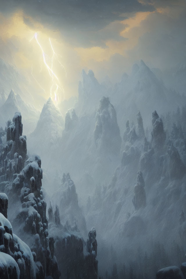 Snowy Mountain Landscape with Lightning in Dark Cloudy Skies