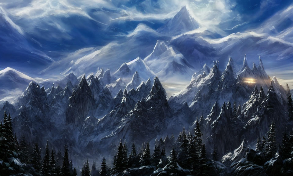 Snow-covered peaks and lone cabin in majestic mountain range