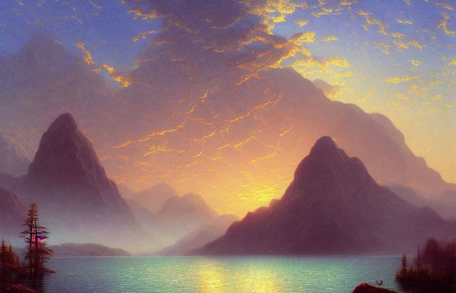 Tranquil landscape with misty mountains, serene lake, and radiant sunrise