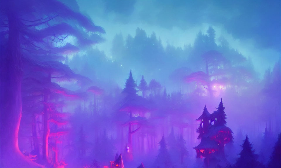 Mystical forest with neon pink and purple hues and glowing house-like structures