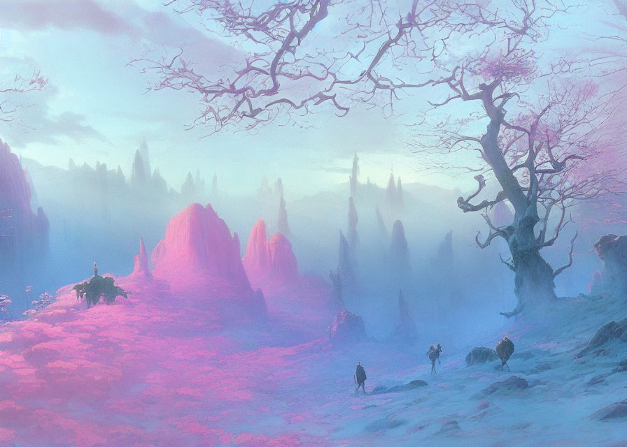 Vibrant purple and pink fantasy landscape with travelers and creatures in dreamlike terrain