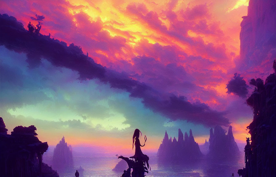 Silhouette on Cliff Overlooking Fantastical Landscape