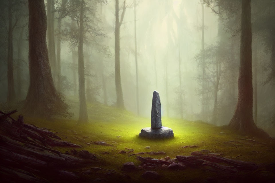 Mystical forest with fog and ancient stone monolith in sunlight