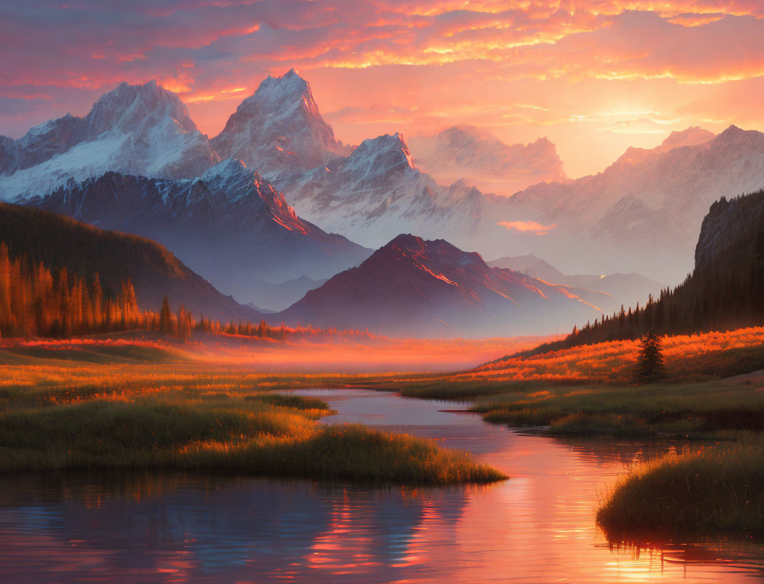 Scenic sunset with river, autumn forest, and snow-capped mountains