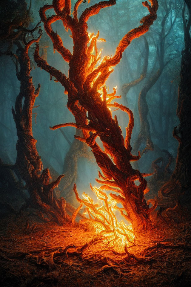 Ethereal forest scene with twisted trees and fiery glow