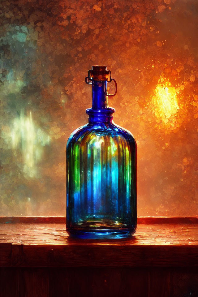 Iridescent glass bottle on wooden surface with light flares