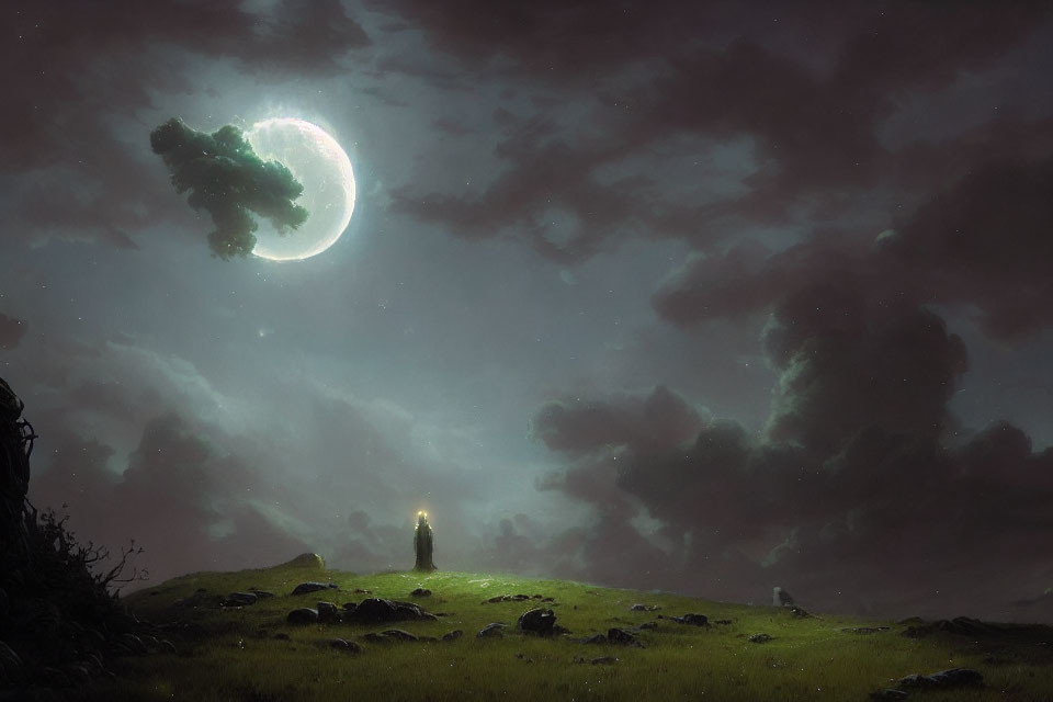 Person standing on grassy hillock under crescent moon in cloudy night sky