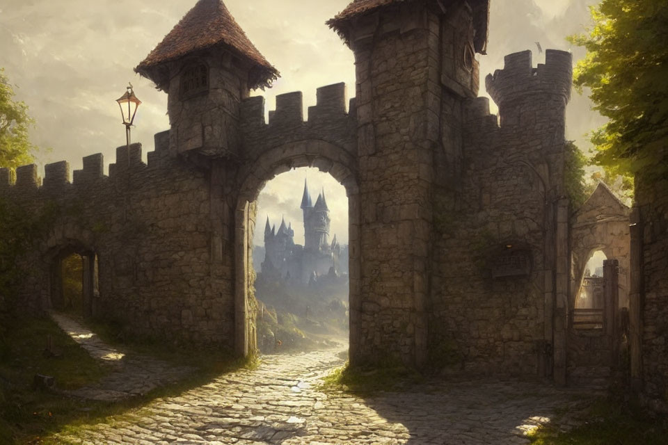 Stone gateway and towers leading to distant castle in serene landscape