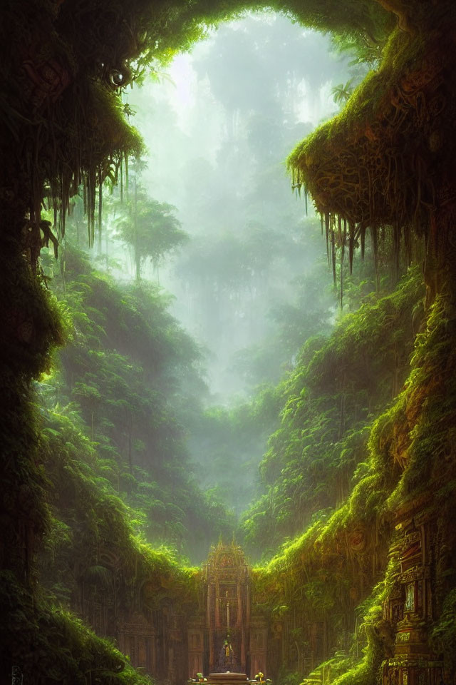 Ethereal jungle scene with ancient ruins and soft sunlight.