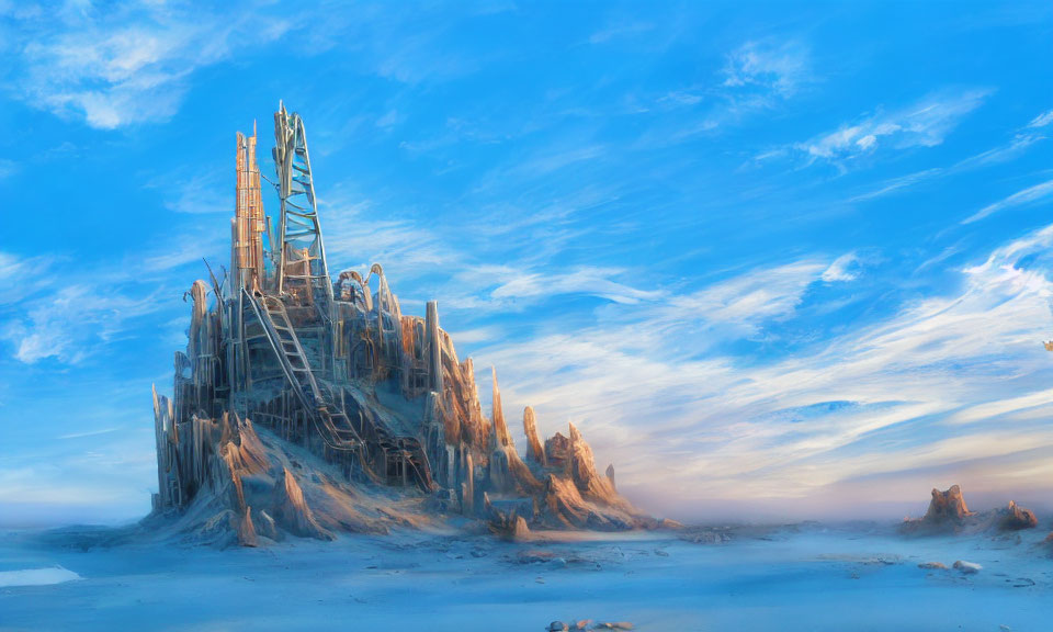 Fantastical icy landscape with intricate tower under blue sky