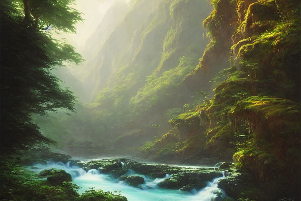 Misty forest with green foliage, turquoise river, and sunbeams