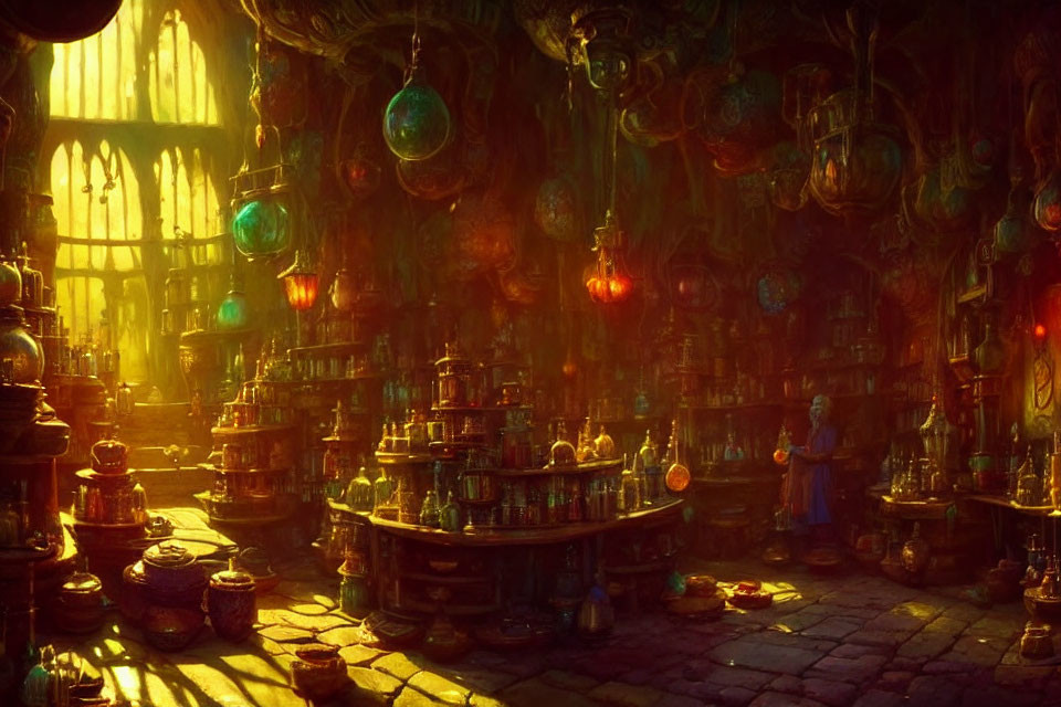 Mystical alchemist's lab with glowing orbs and bottles