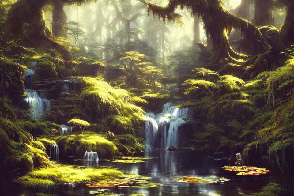 Tranquil forest scene with lush greenery, waterfalls, and water lilies