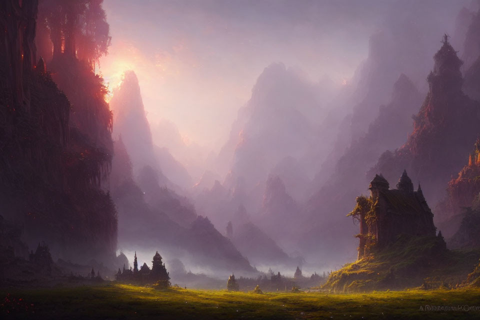 Mystical sunrise landscape with mountains, sun, valleys, and castle ruins