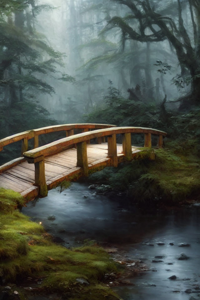 Foggy forest scene with wooden bridge over calm stream