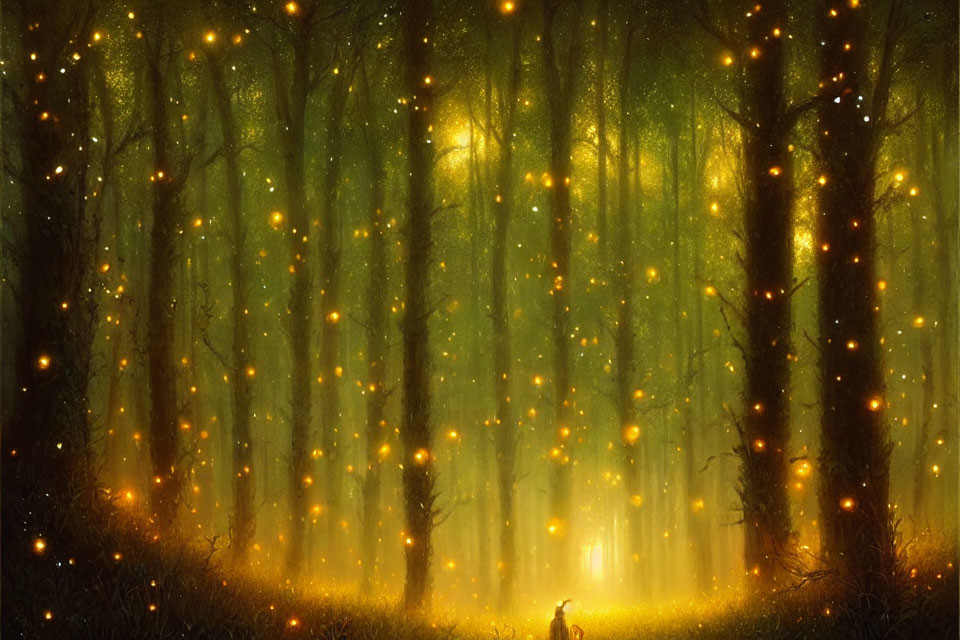 Enchanting night forest with fireflies and figure