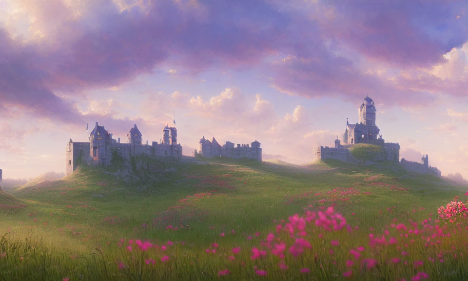 Majestic castle on green hills at sunrise with pink flowers