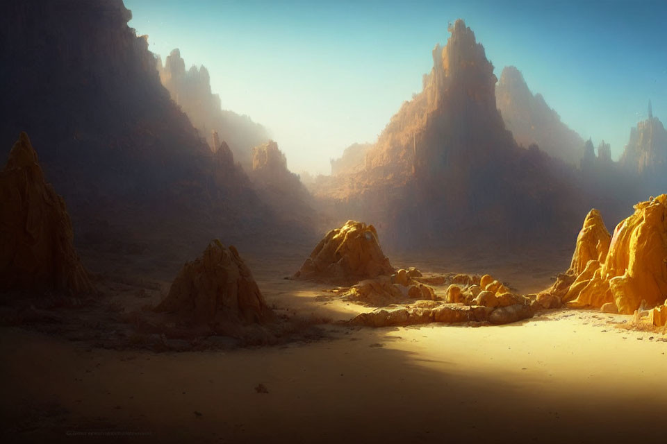 Tranquil desert landscape with towering rock formations