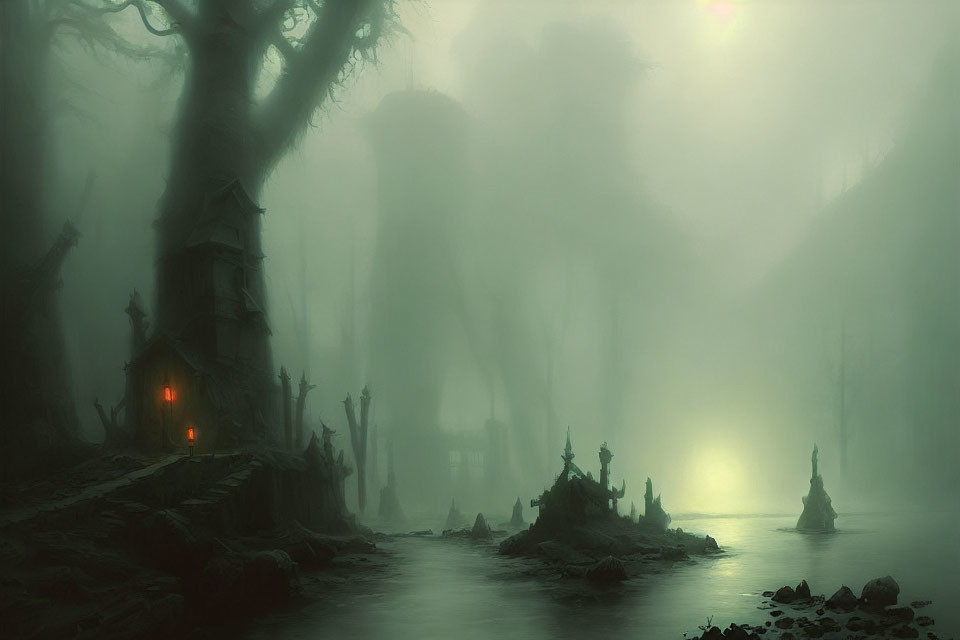 Ethereal swamp scene with silhouetted trees and wooden hut in misty ambiance