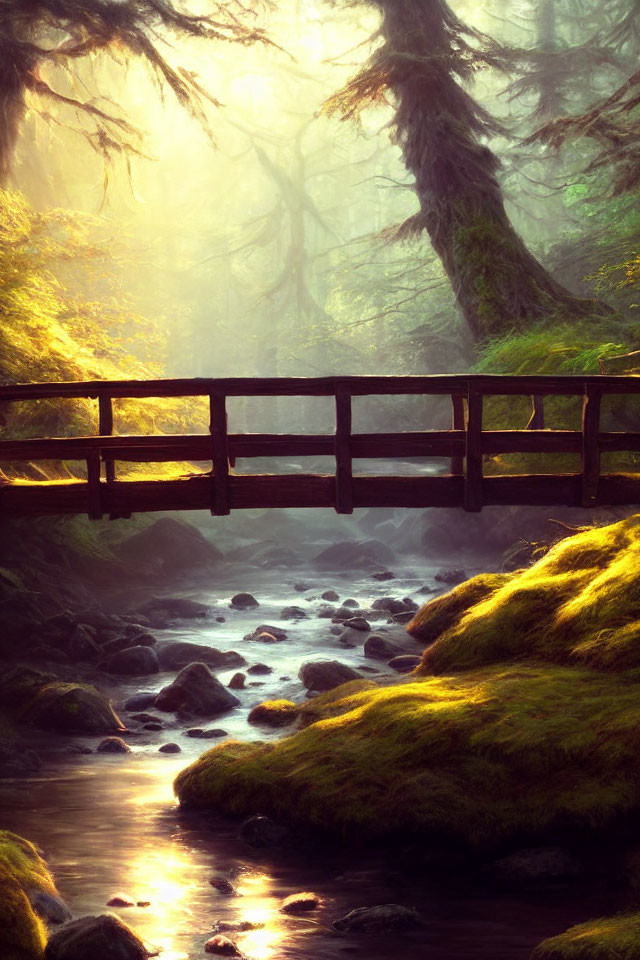 Misty forest scene: wooden bridge, rocky stream, moss-covered trees