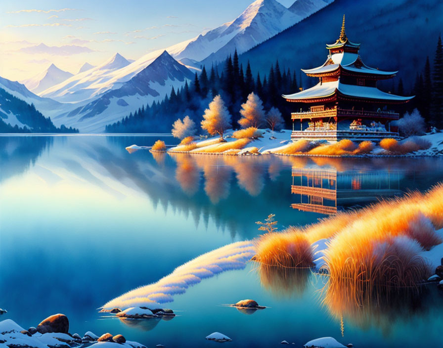 Tranquil Asian pagoda by reflective lake amidst autumn scenery