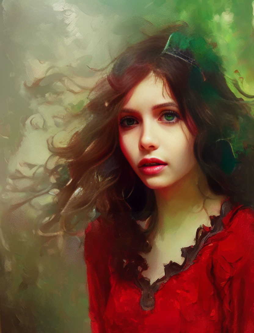 Portrait of young woman with brown hair, green eyes, and red top