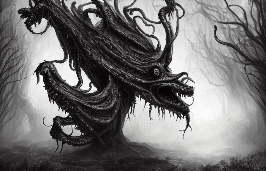 Monochrome illustration of tentacled creature in misty forest